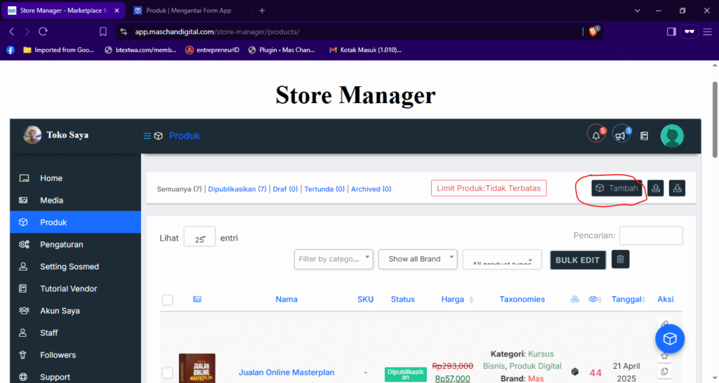 klik tambah produk disini